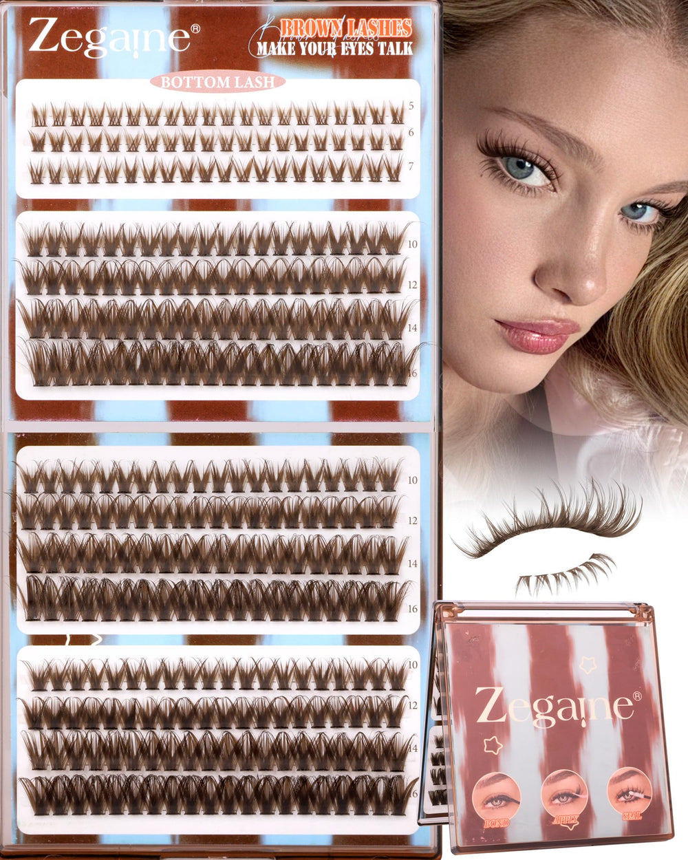 Zegaine brown lash clusters complete kit for upper and bottom lids