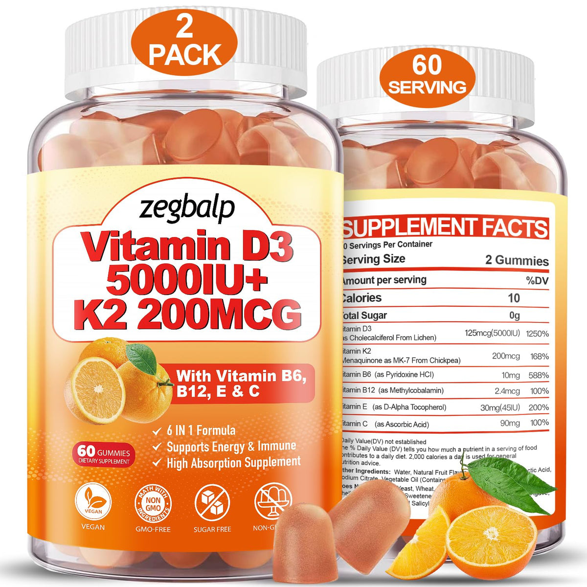 ZEGBALP D3K2 gummies orange bottle for daily bone and immune support.
