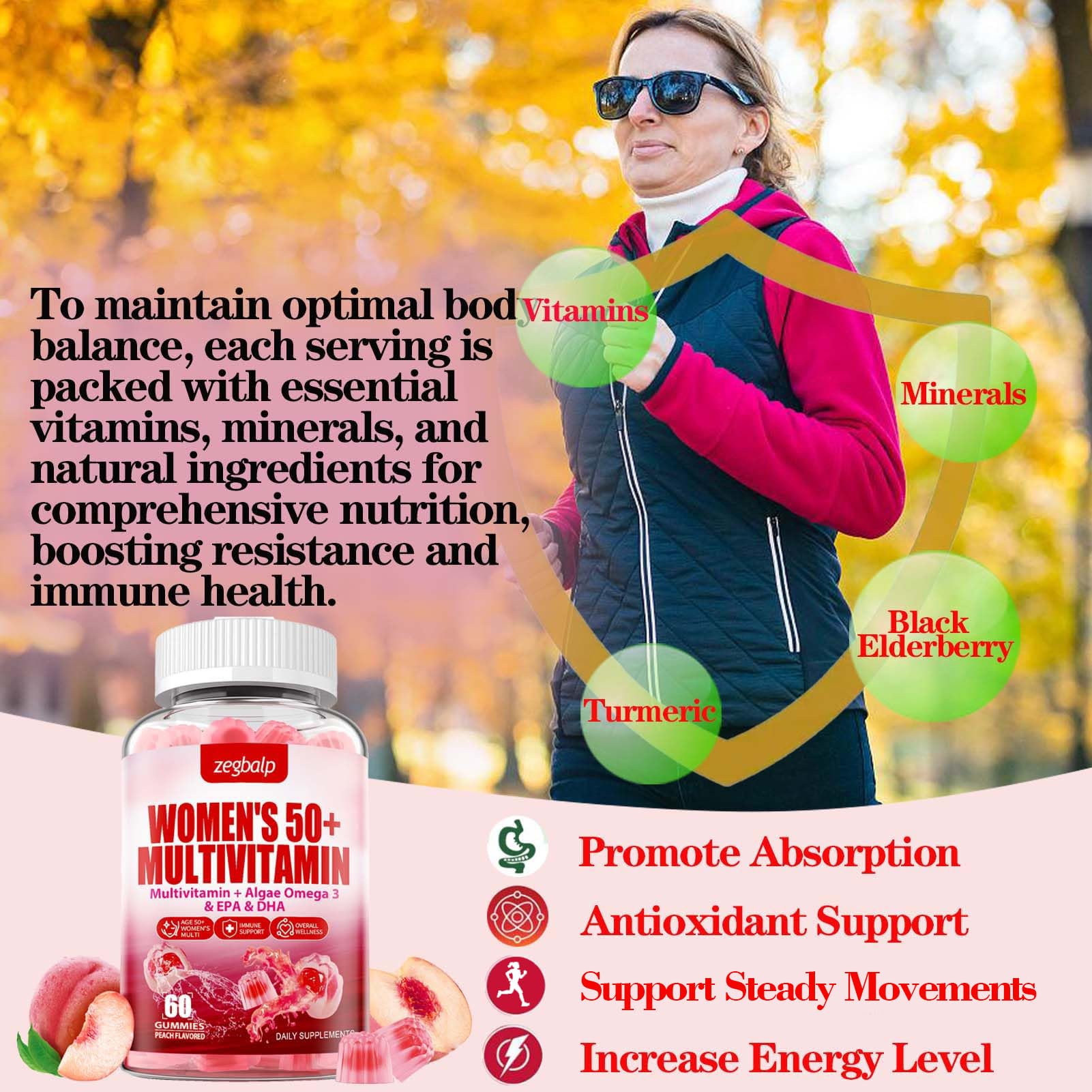ZEGBALP vegan peach flavor gummies for easy daily intake.