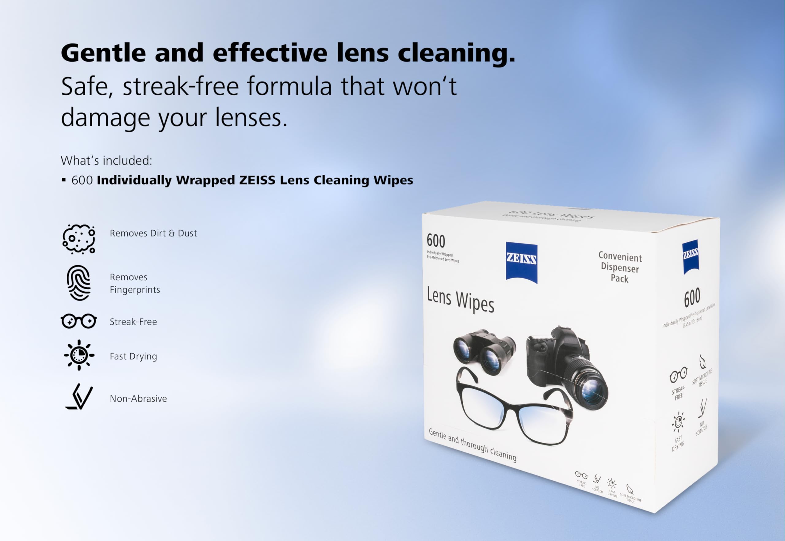 ZEISS 600-count box for long-lasting lens cleaning supplies