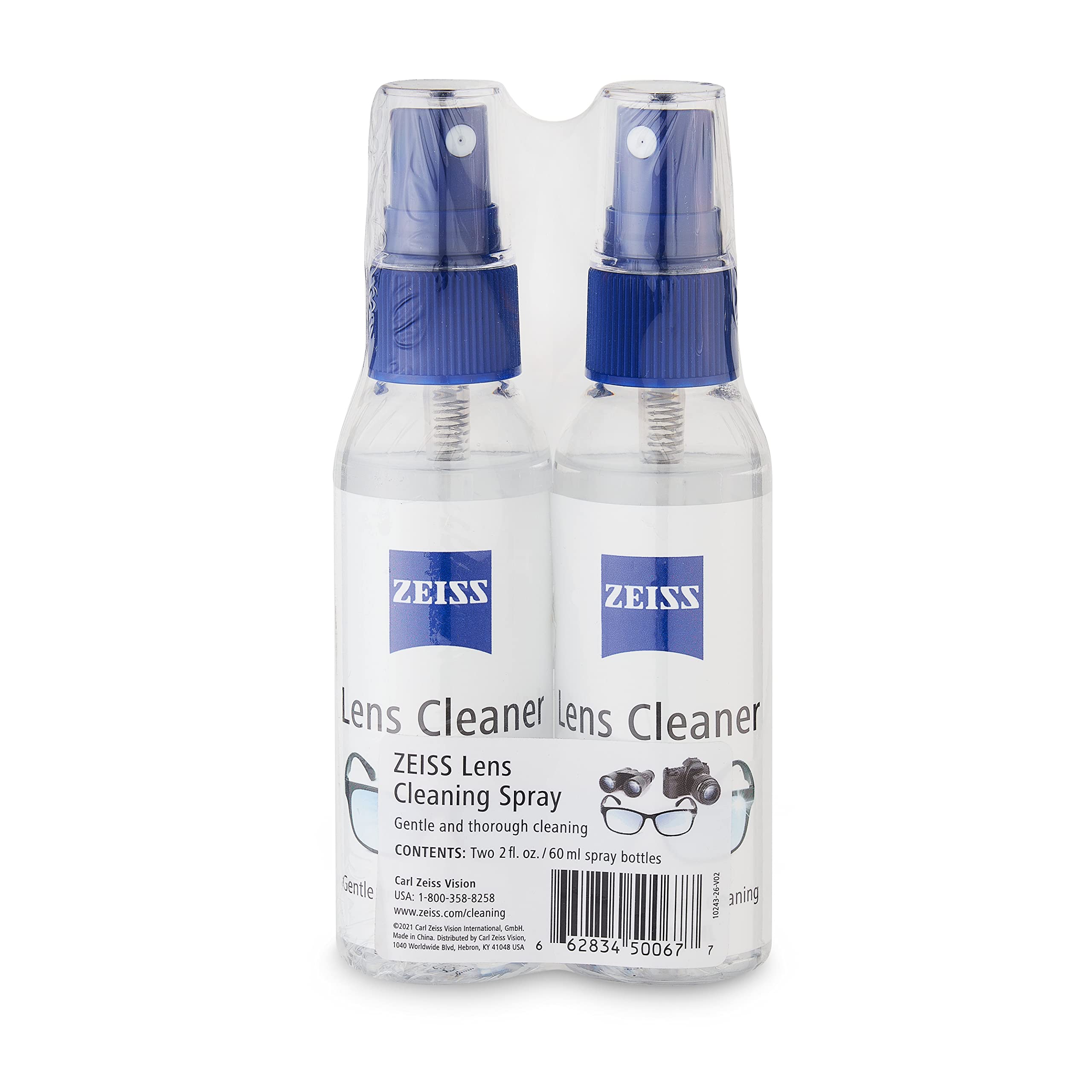 ZEISS lens cleaning spray side view shows dual-pack for home and travel