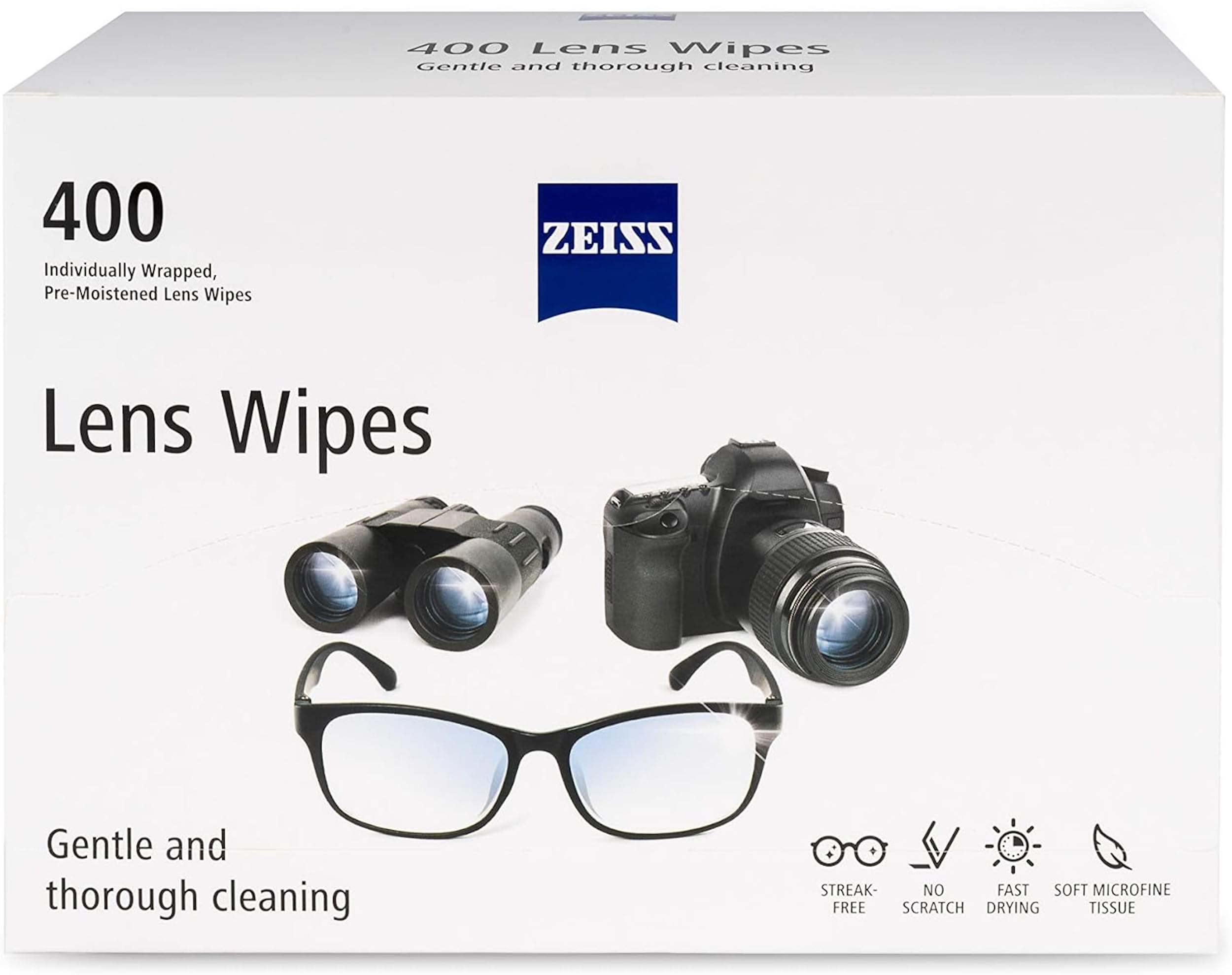 ZEISS pre-moistened wipes in packaging for easy on-the-go eyeglasses cleaning.