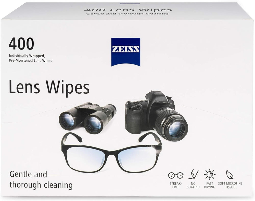ZEISS pre-moistened wipes in packaging for easy on-the-go eyeglasses cleaning.