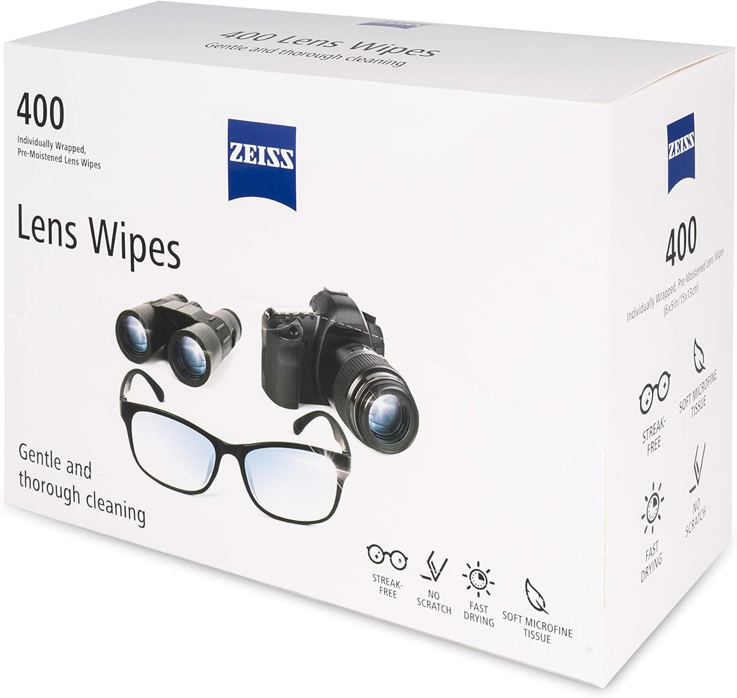 ZEISS wipes, individually wrapped, ideal for touch-ups in car, bag, or desk.