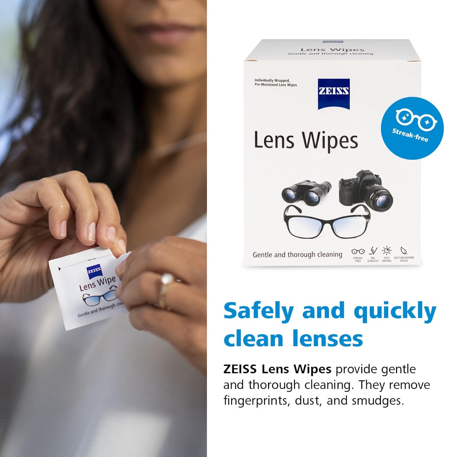 ZEISS wipes safe for prescription lenses and anti-reflective coatings