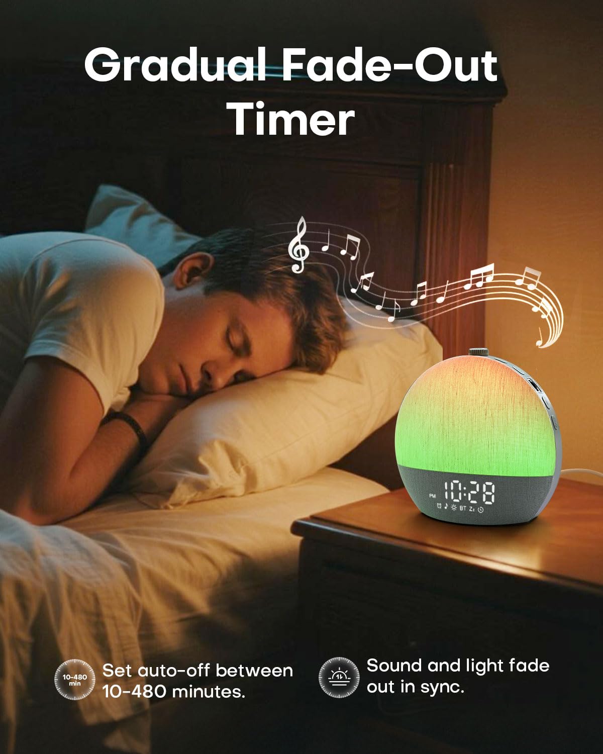 Zelaclock timer interface showing smart fade-out for naps or night routines