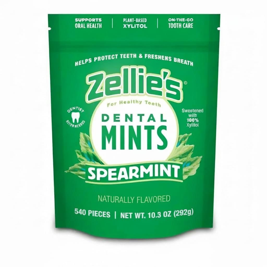 Zellie's 100% xylitol spearmint mints pack-front for on-the-go freshness.