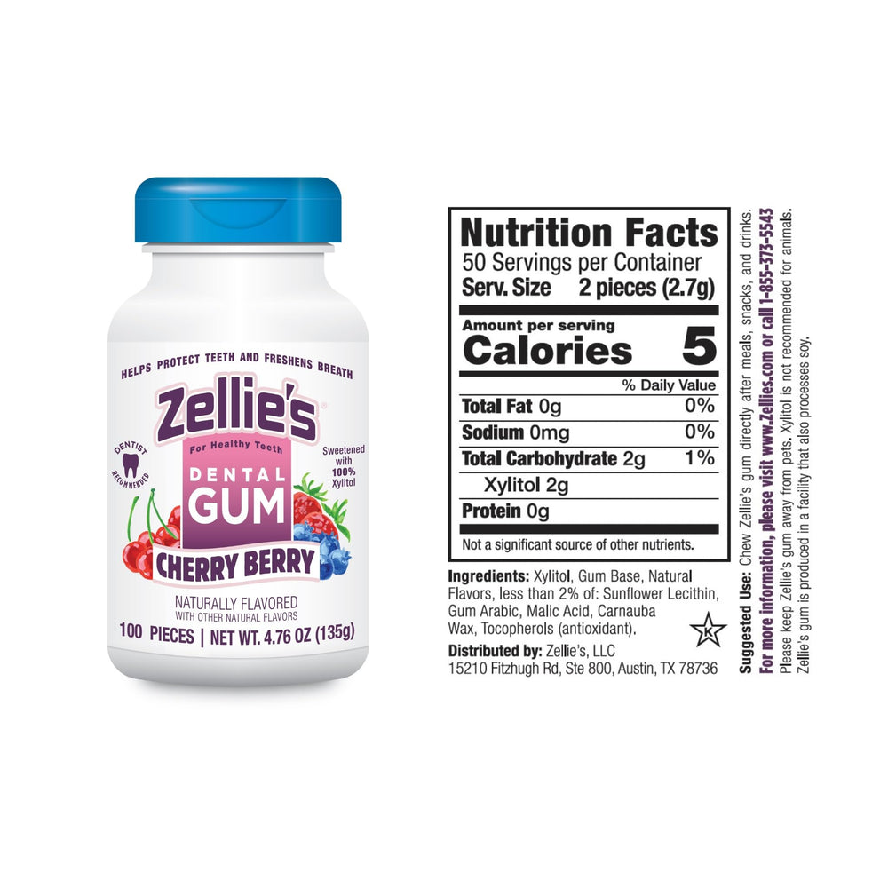 Zellie's Cherry Berry gum pieces offer a flavorful, on-the-go oral care option.