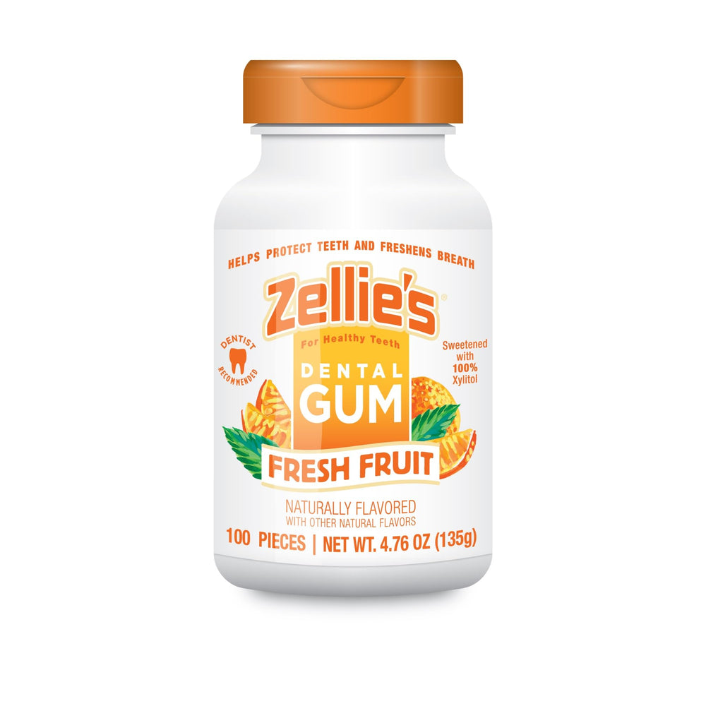 Zellie's fresh fruit gum front pack shows 100-count convenience for on-the-go use.