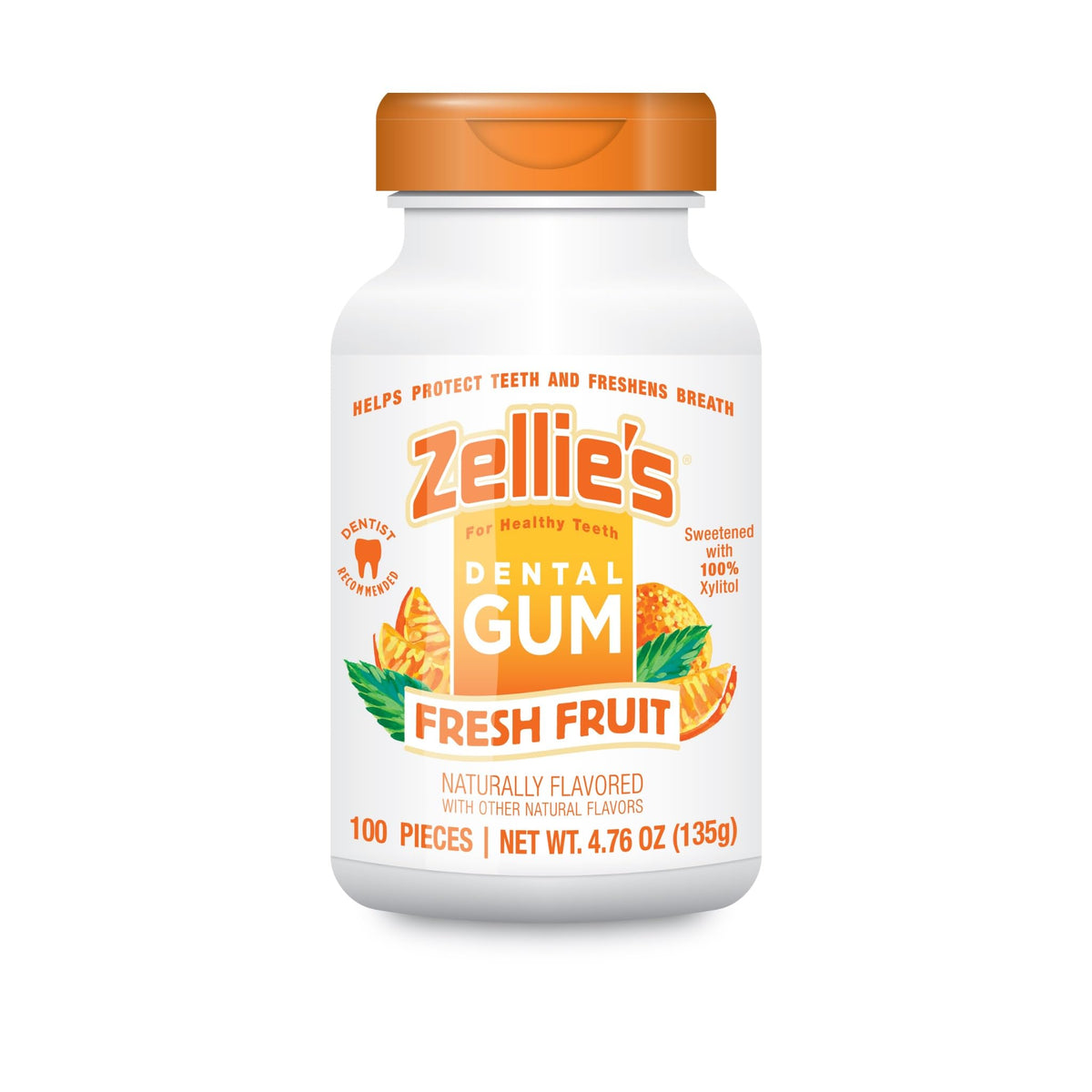 Zellie's fresh fruit gum front pack shows 100-count convenience for on-the-go use.