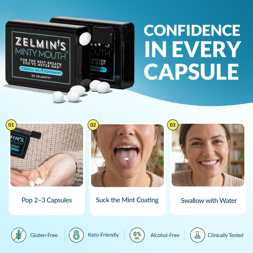 Zelmin's keto-gluten-free claim highlights diet-conscious breath care.