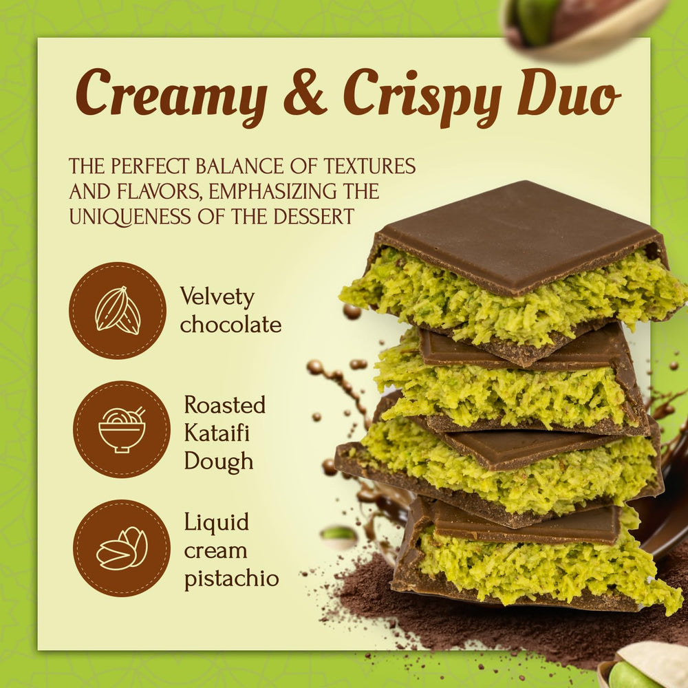 ZEMUS pistachio kunafa closeup highlights crispy kataifi and velvety chocolate.