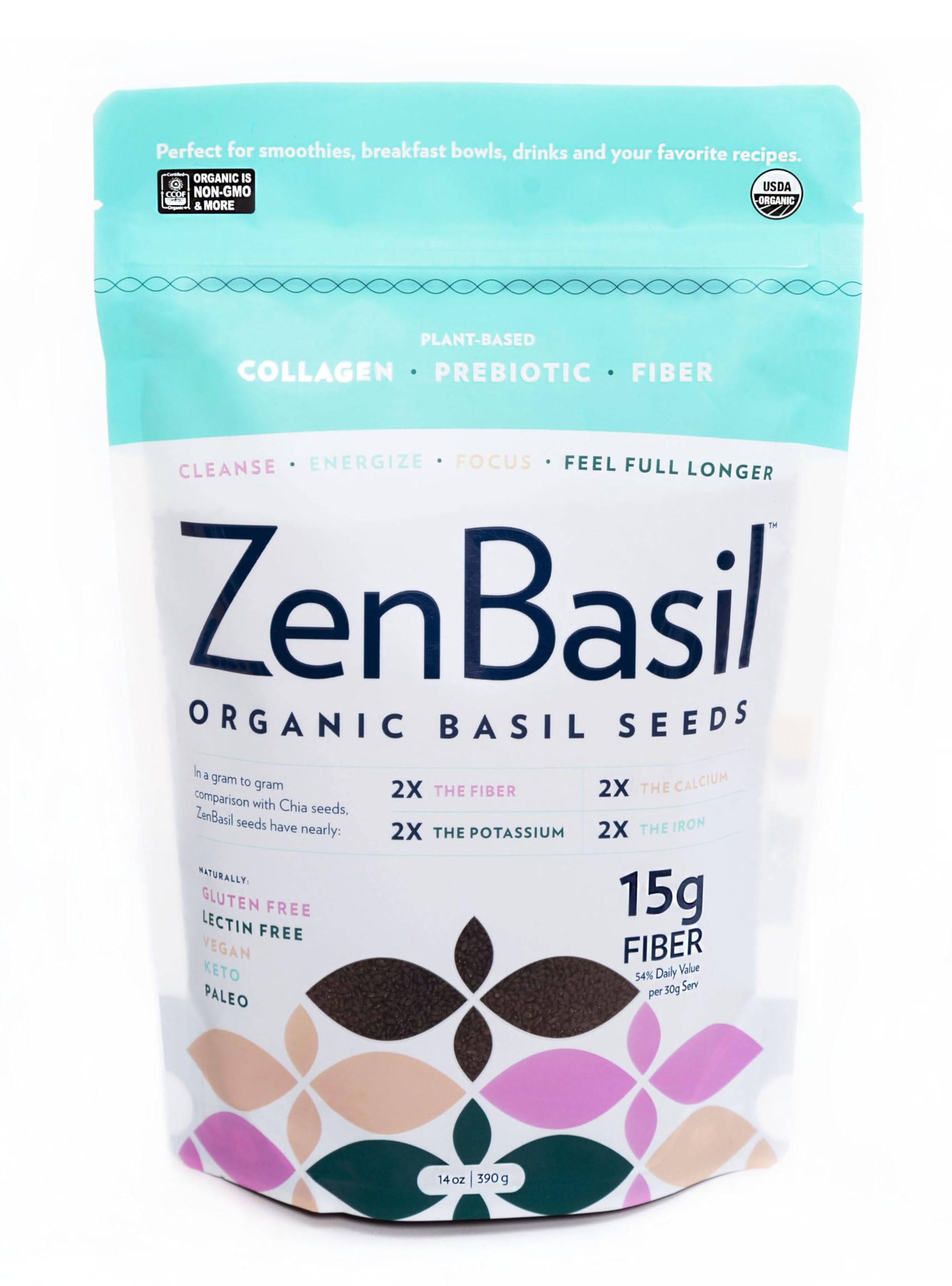 Zen Basil Seeds jar packaging shows premium kosher-certified seeds ready to boost fiber.