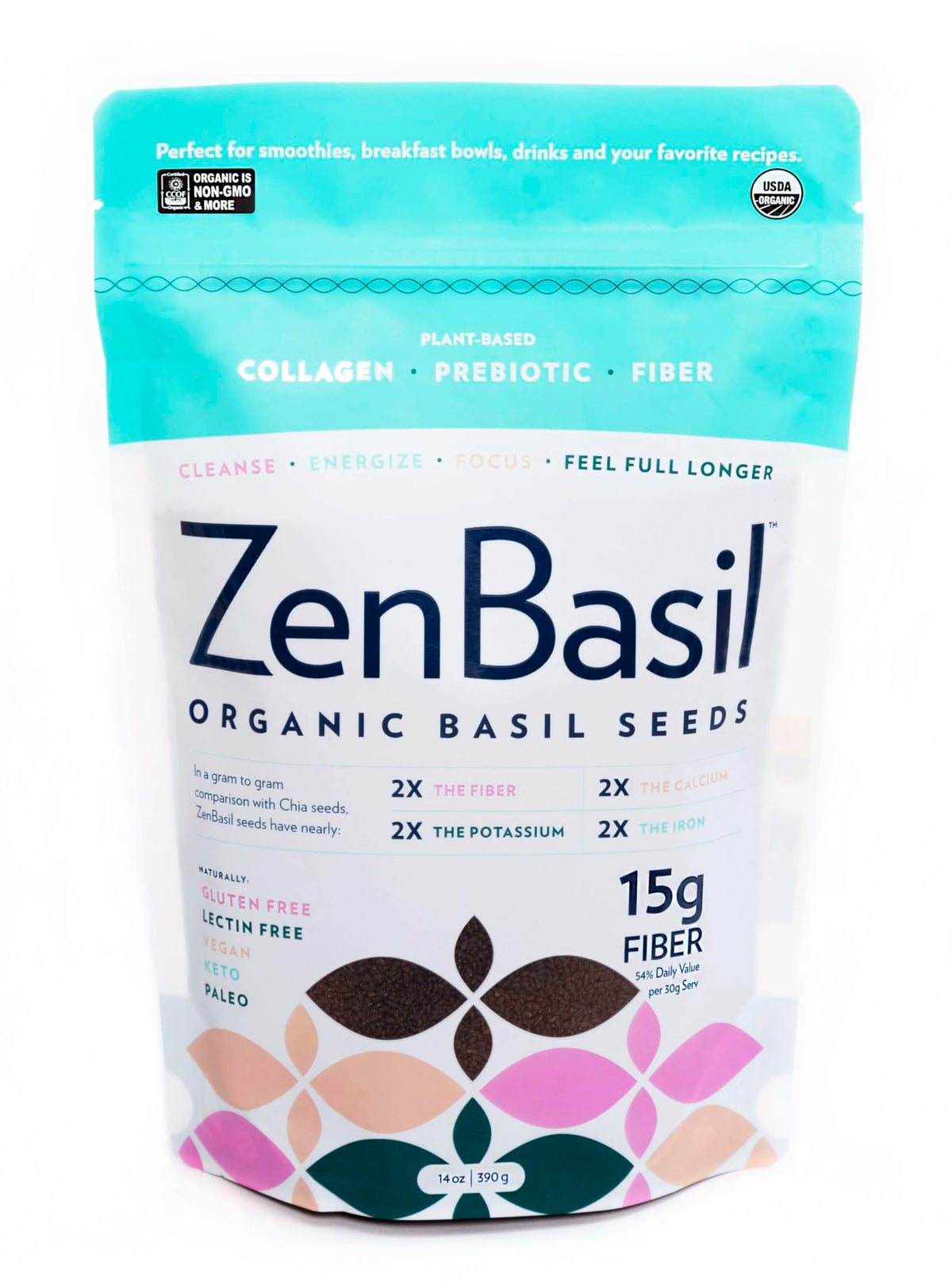Zen Basil Seeds jar packaging shows premium kosher-certified seeds ready to boost fiber.