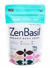 Zen Basil Seeds jar packaging shows premium kosher-certified seeds ready to boost fiber.
