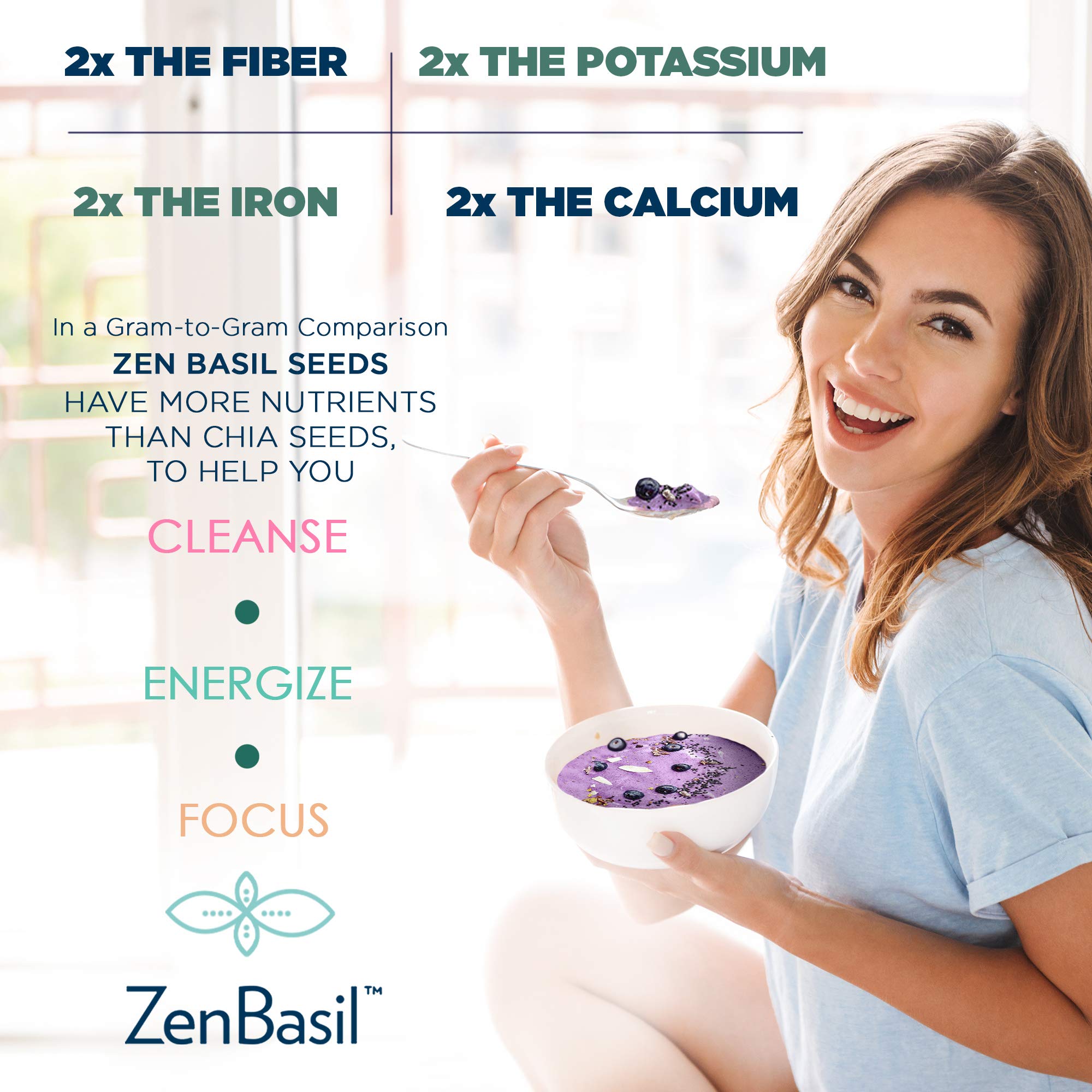 Nutrition label on Zen Basil Seeds highlighting fiber and minerals.