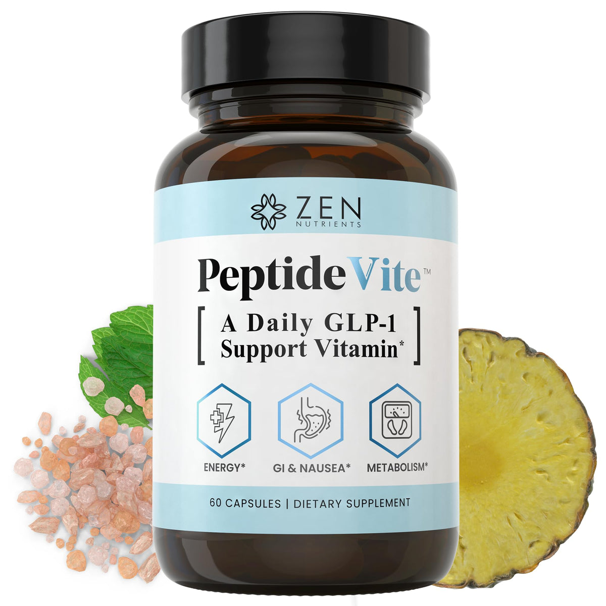 Zen Nutrients PeptideVite bottle front highlighting GLP-1 support for gut comfort.