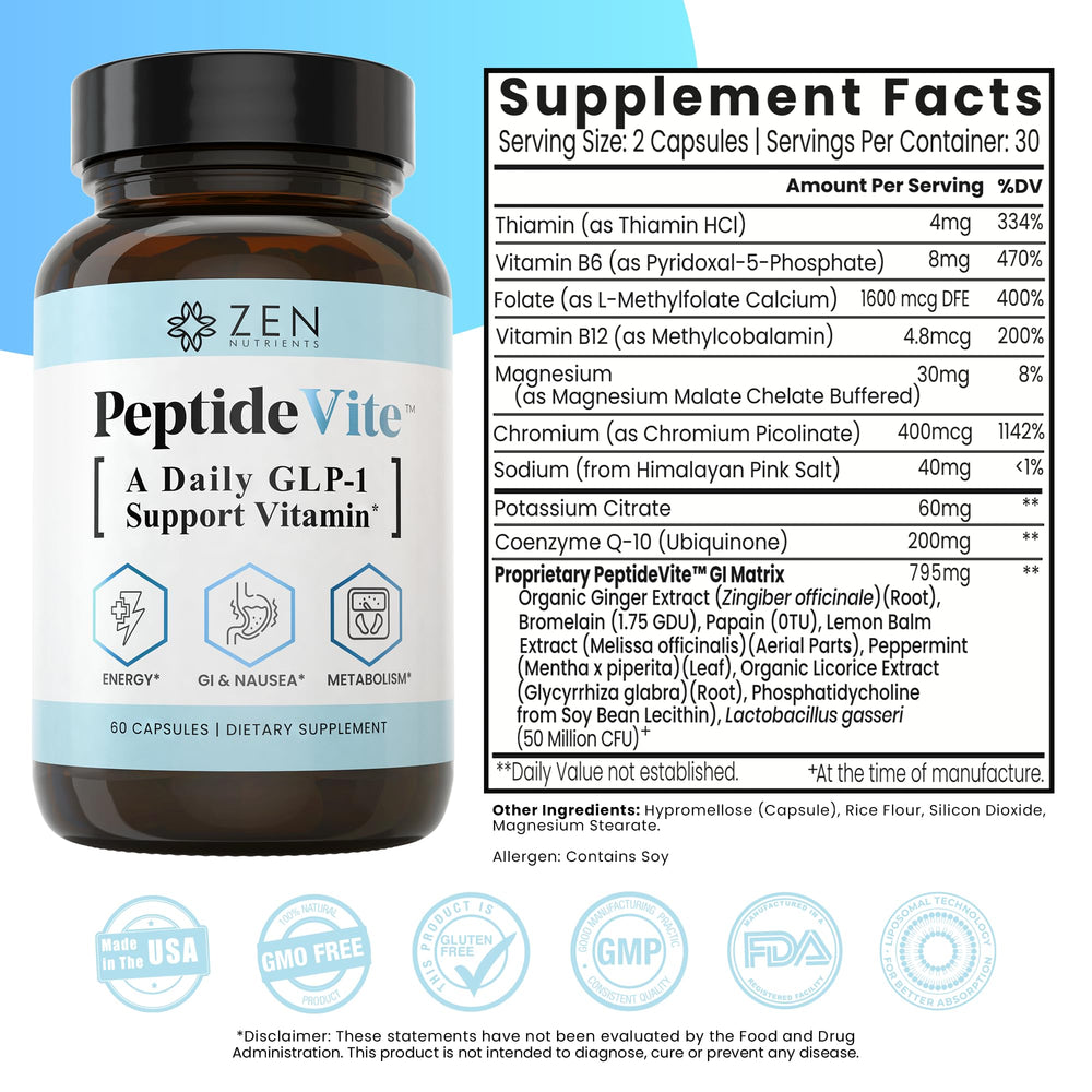 Zen Nutrients PeptideVite probiotic capsule promotes balanced gut flora.