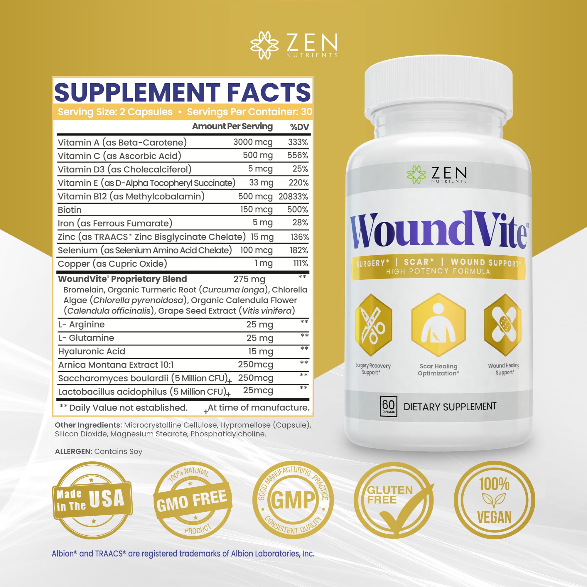 Zen Nutrients WoundVite capsules close-up highlighting bromelain, arnica, and vitamins blend