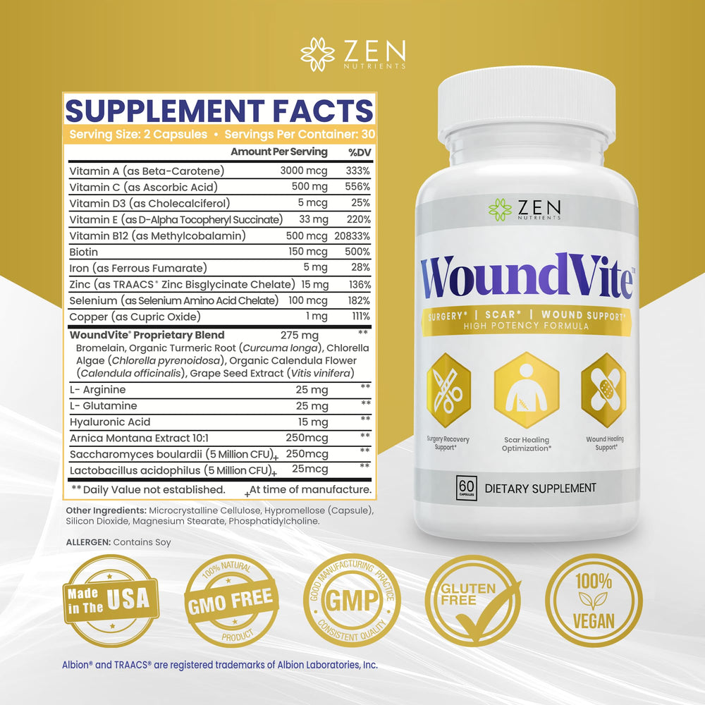 Zen Nutrients WoundVite capsules close-up highlighting bromelain, arnica, and vitamins blend