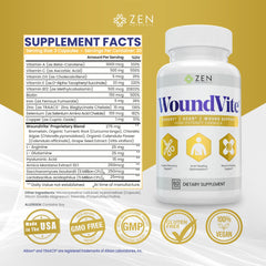 Zen Nutrients WoundVite capsules close-up highlighting bromelain, arnica, and vitamins blend