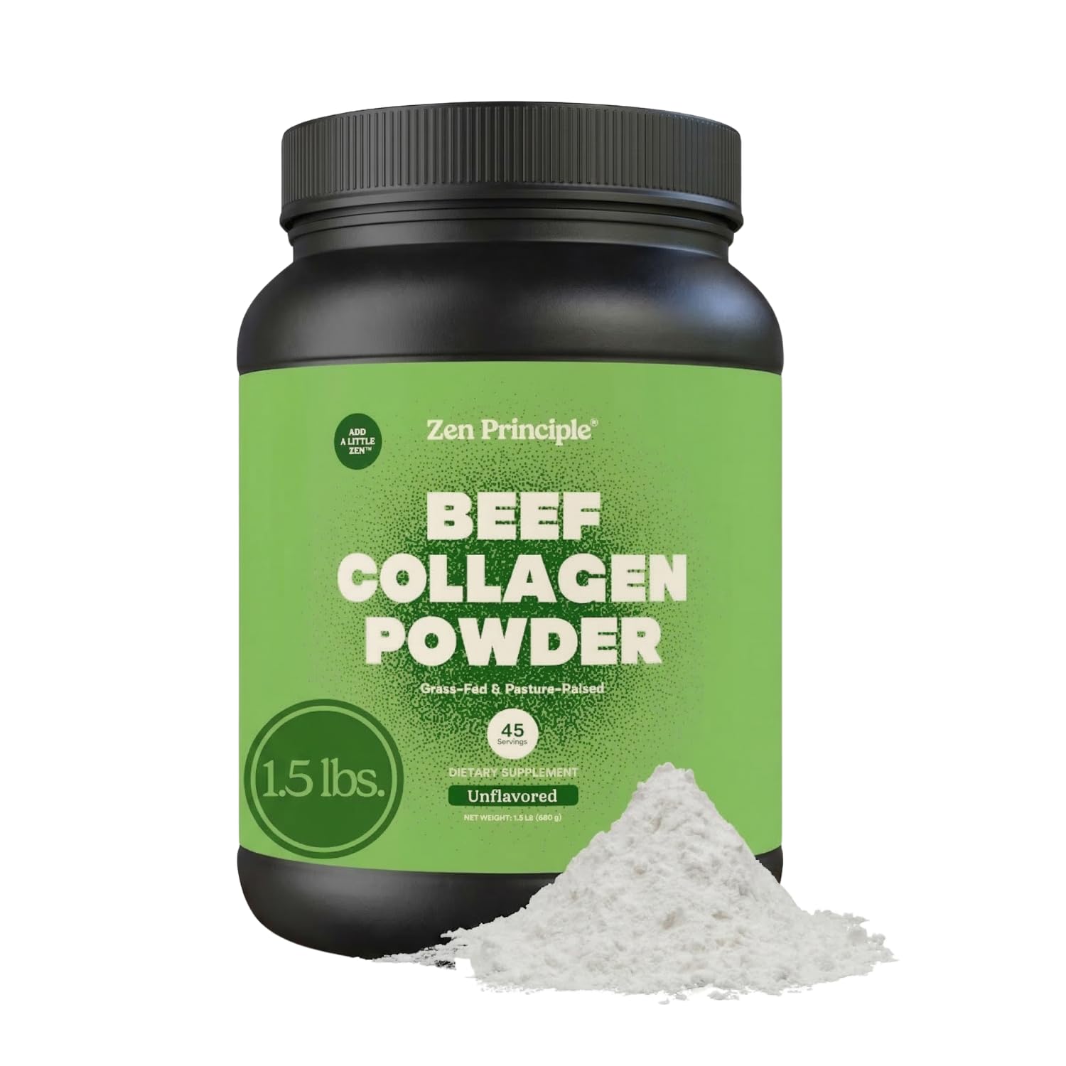 Zen Principle grass-fed collagen powder tub front may support healthy skin and hair.