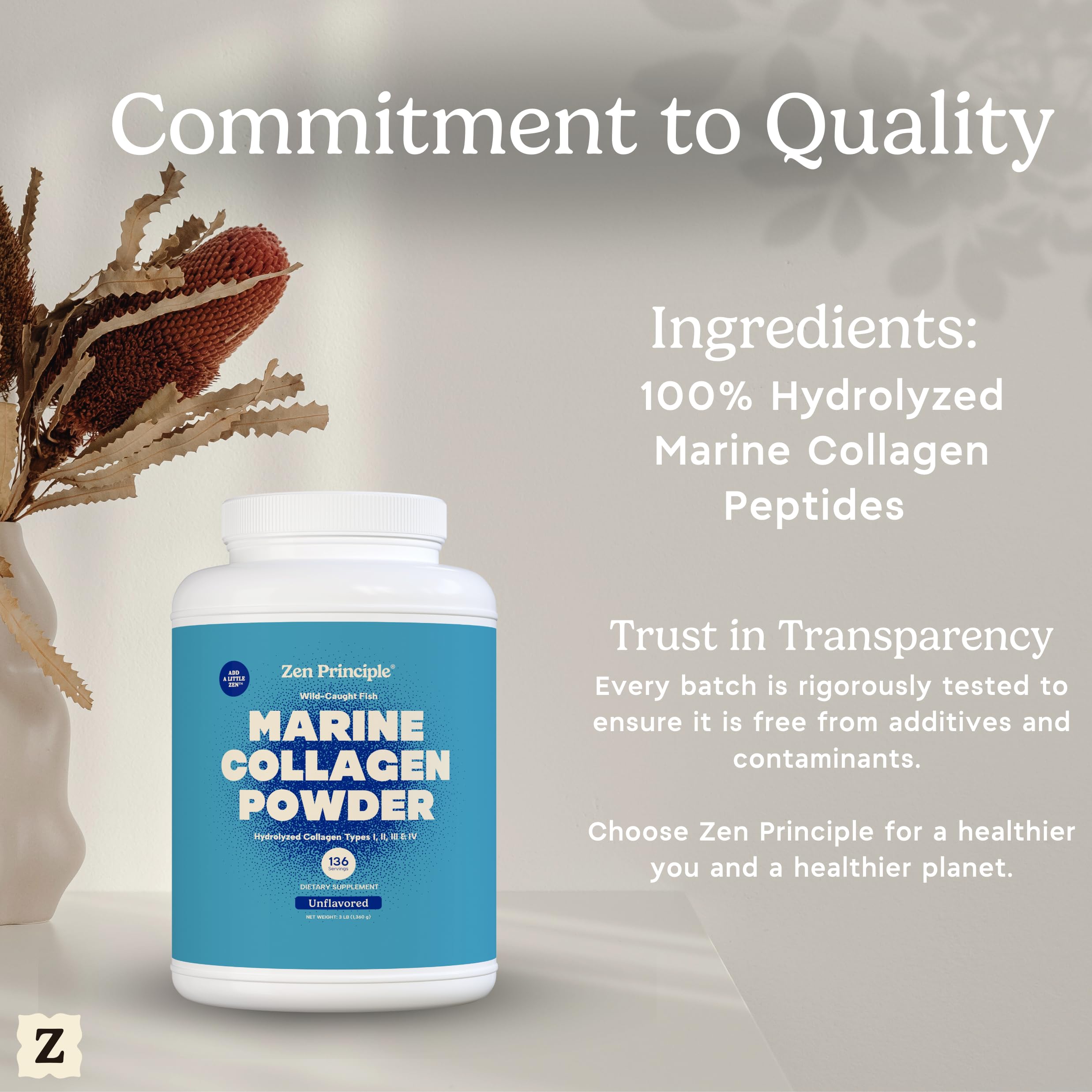 Zen Principle powder highlights joint and bone support through marine collagen.