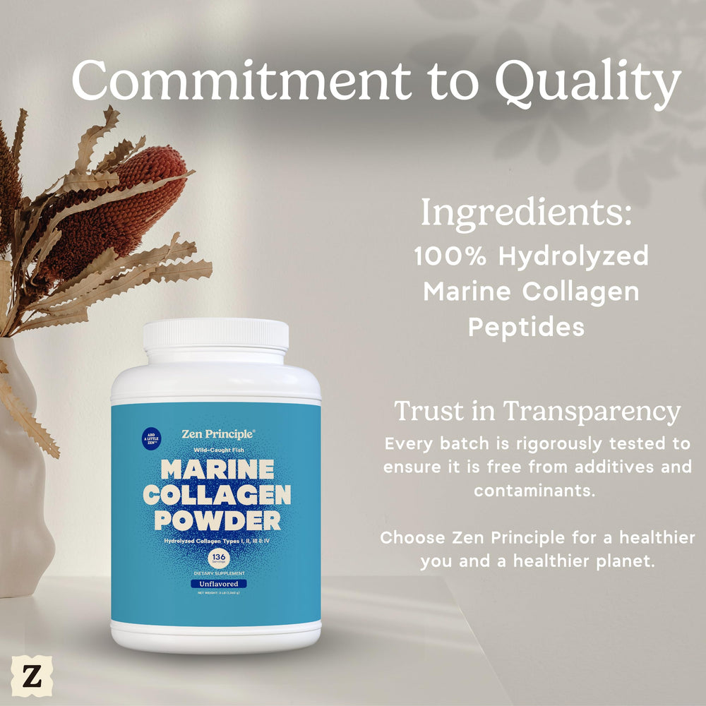 Zen Principle powder highlights joint and bone support through marine collagen.