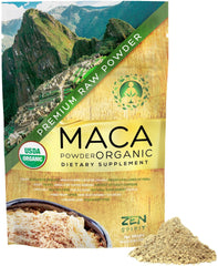 Zen Spirit Maca powder bag front highlighting premium Peruvian root for daily energy and vitality.