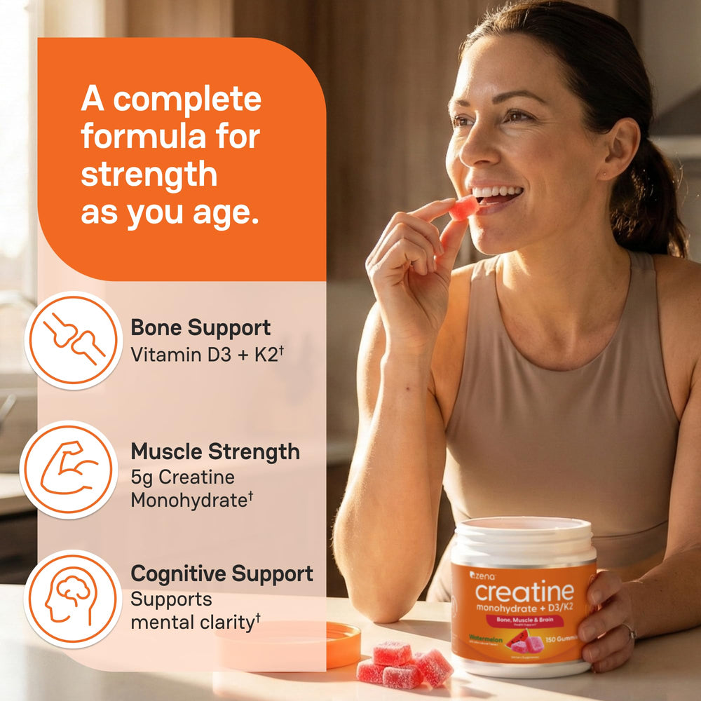 Label on Zena Nutrition Creatine Gummies highlights 5 g per serving for muscle support