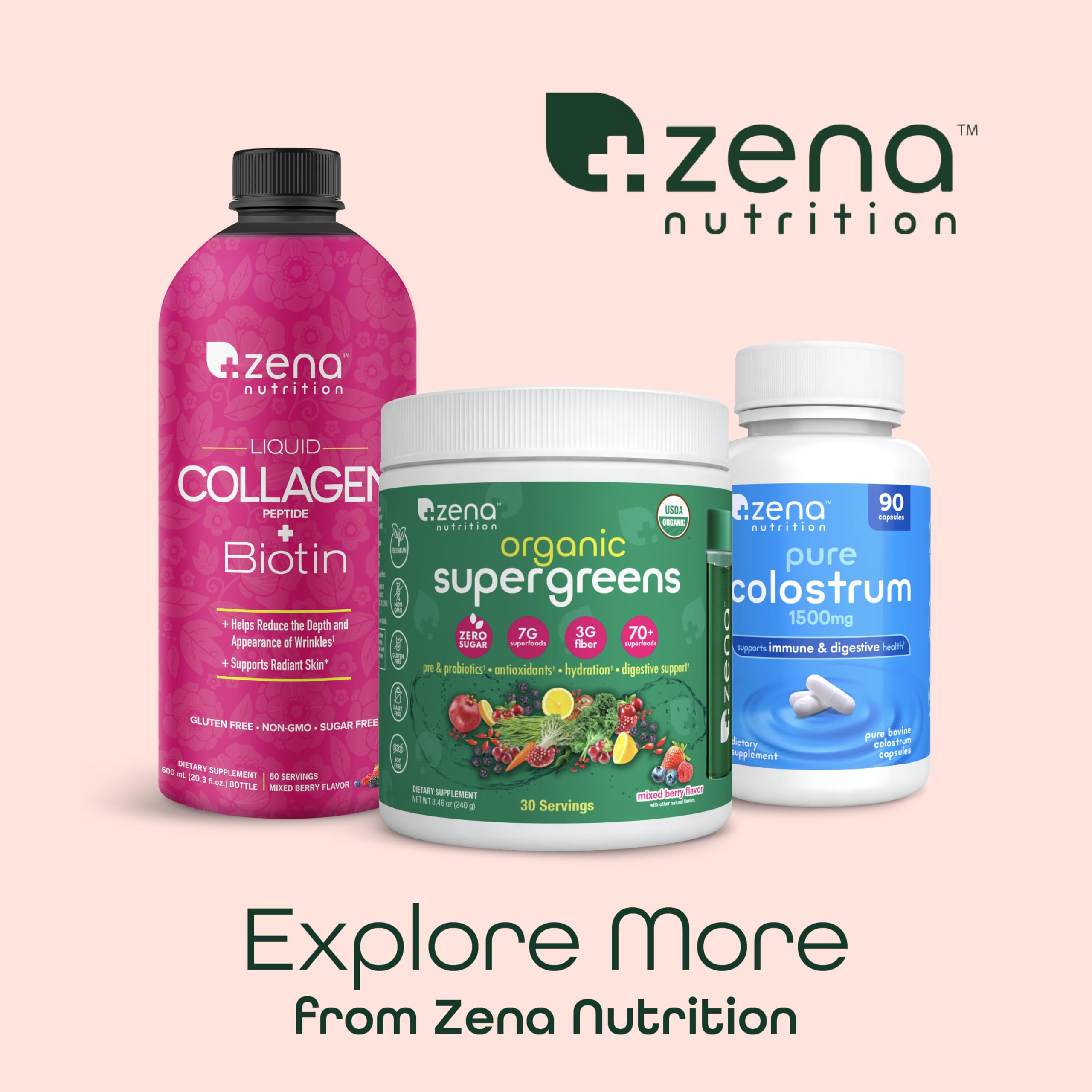 Daily-use Zena Nutrition liquid collagen supports hair and skin.