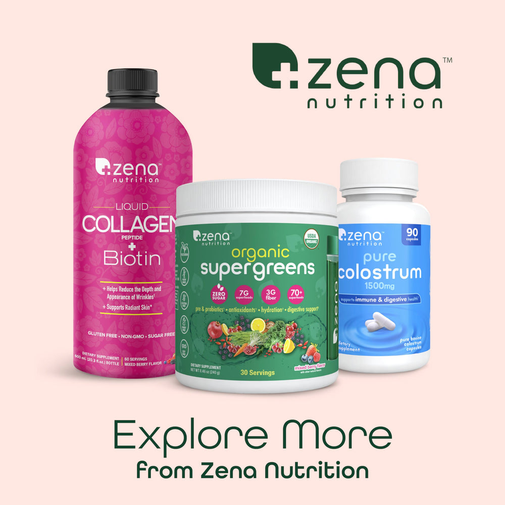 Daily-use Zena Nutrition liquid collagen supports hair and skin.