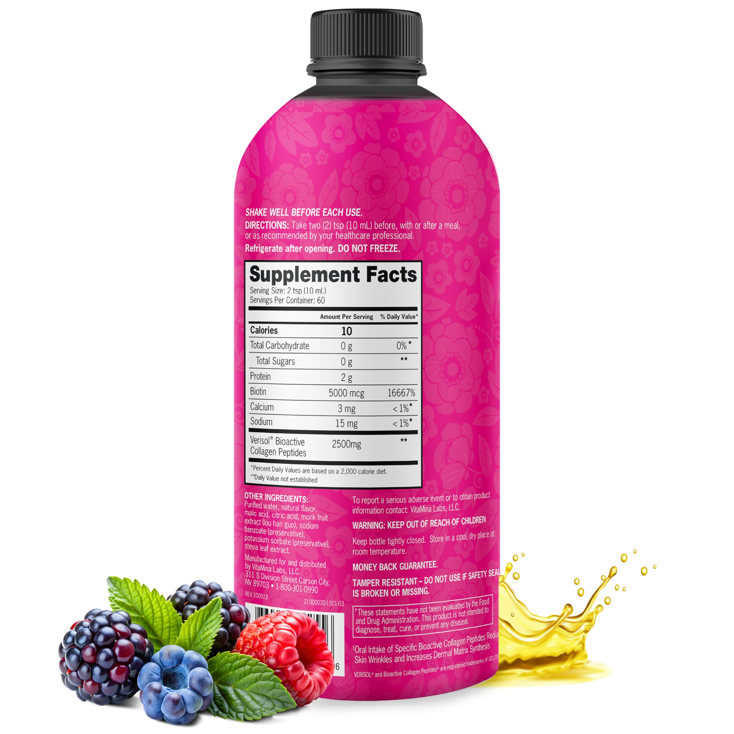 Zena Nutrition liquid collagen nutrition facts highlight biotin and Verisol.