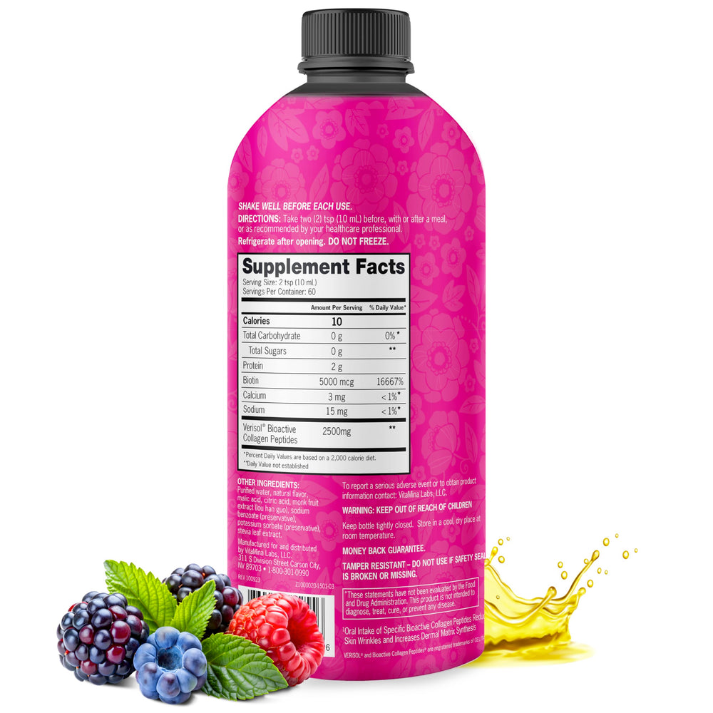 Zena Nutrition liquid collagen nutrition facts highlight biotin and Verisol.