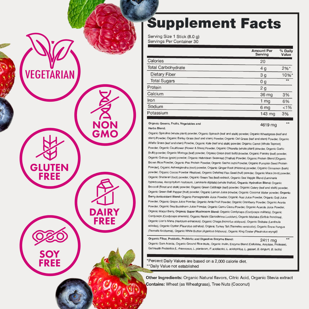 Zena Nutrition mixed berry flavor makes greens tasty.