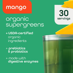 Zena Nutrition Organic Super Greens mango jar label highlights organic ingredients