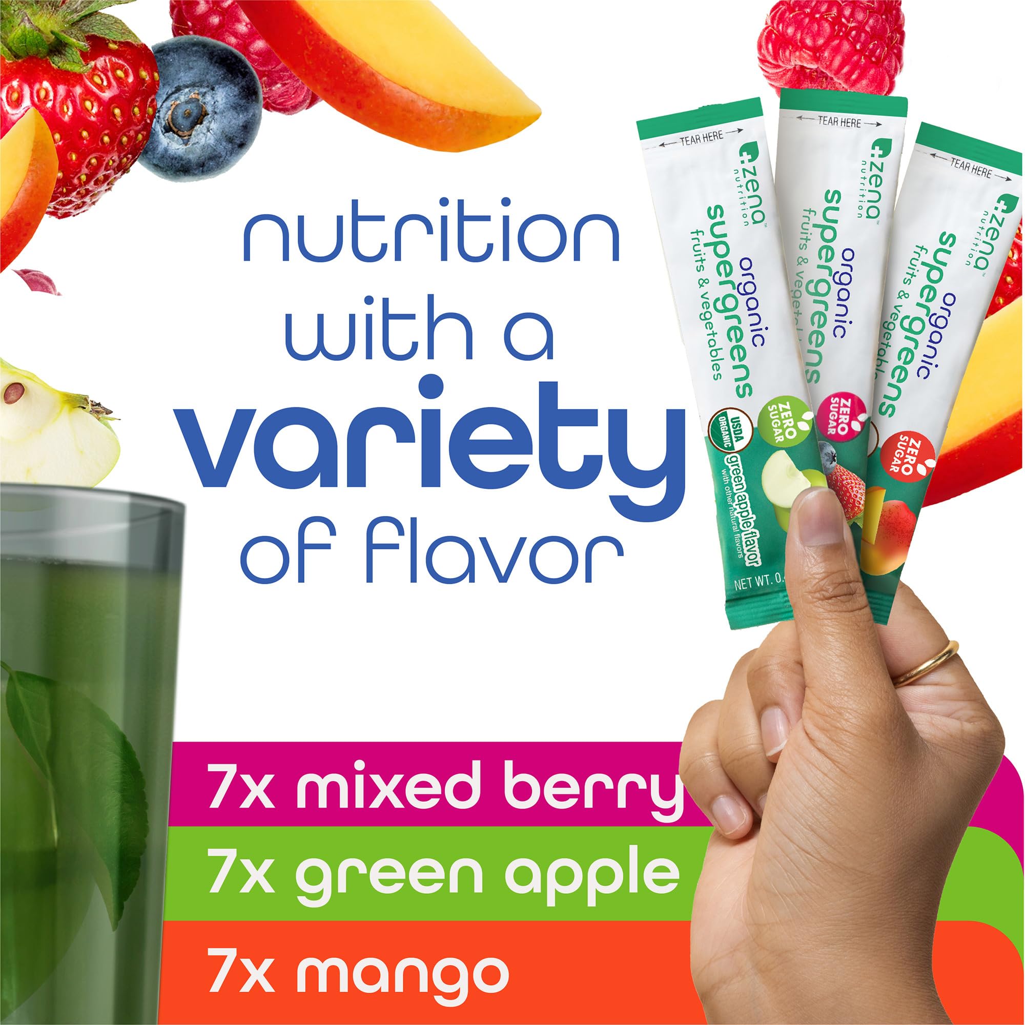 Zena Nutrition Mixed Berry flavor stick, tasty daily greens.