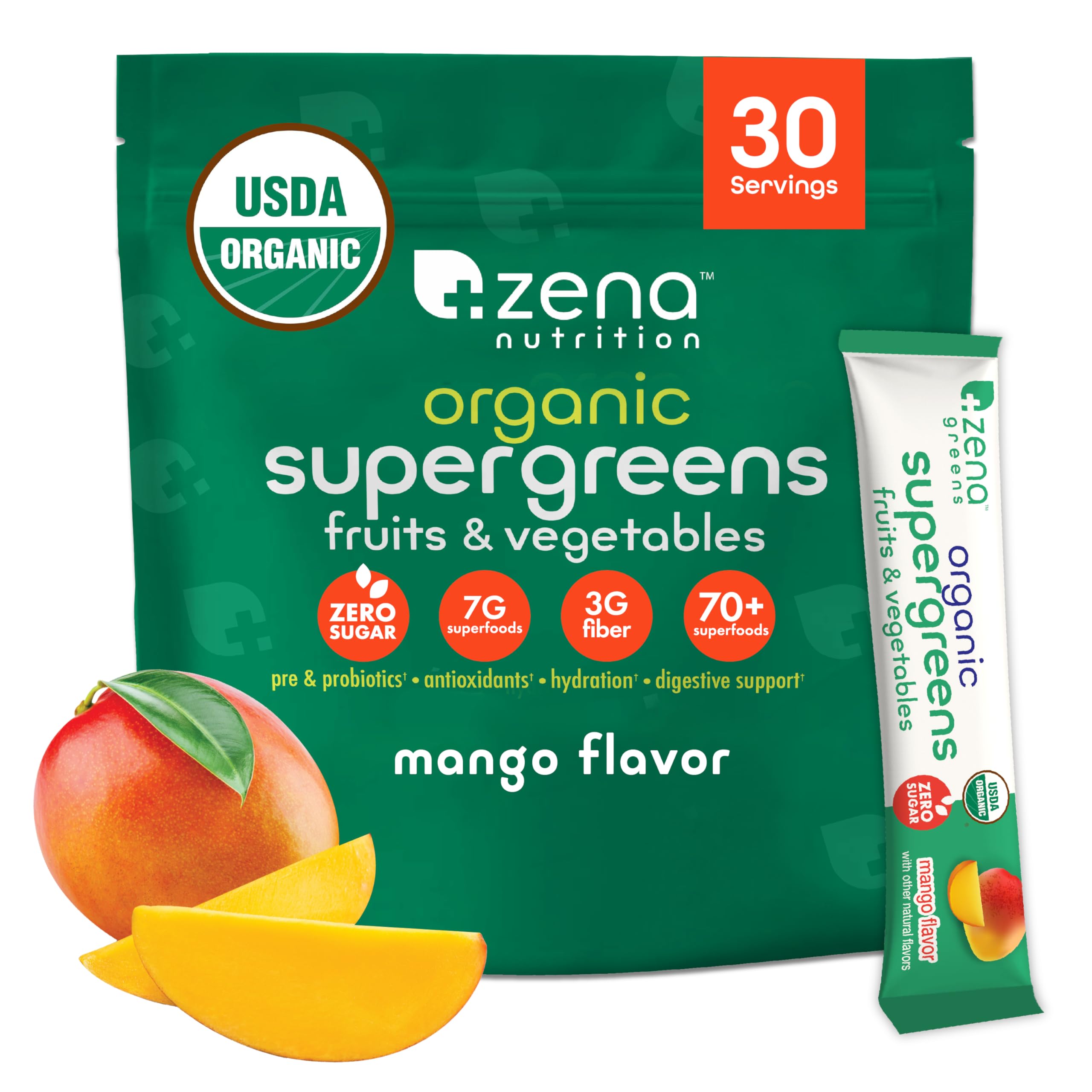 Zena Nutrition Organic Super Greens Powder packets for on-the-go daily nutrition.