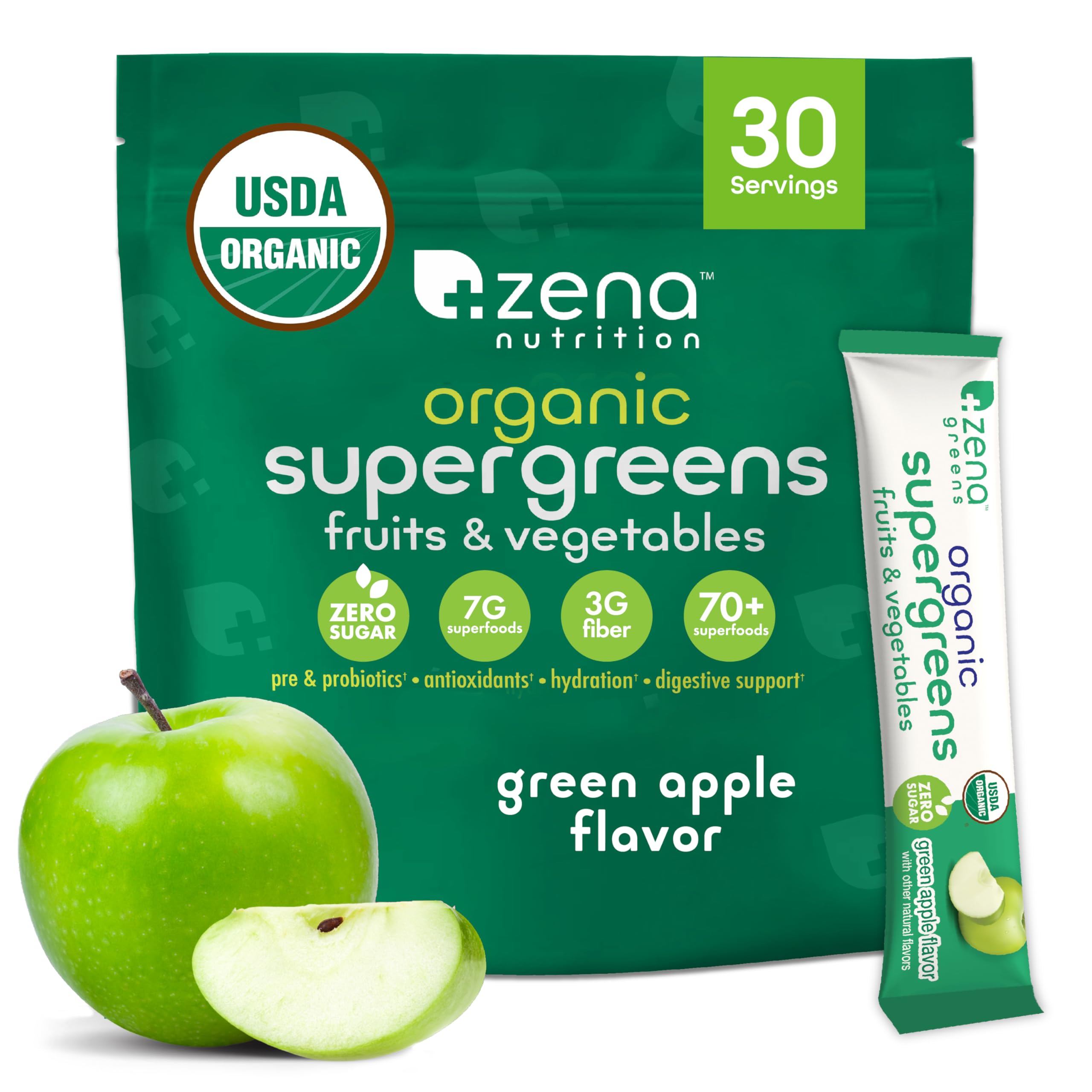 Zena Nutrition organic super greens powder in a tub with 70+ ingredients for daily wellness.