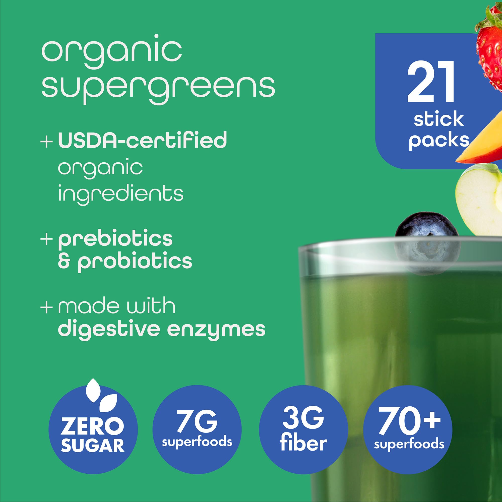 Zena Nutrition Organic Super Greens sticks display for on-the-go greens.