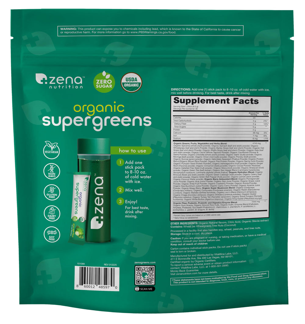Zena Nutrition zero sugar label emphasizing natural, clean ingredients.