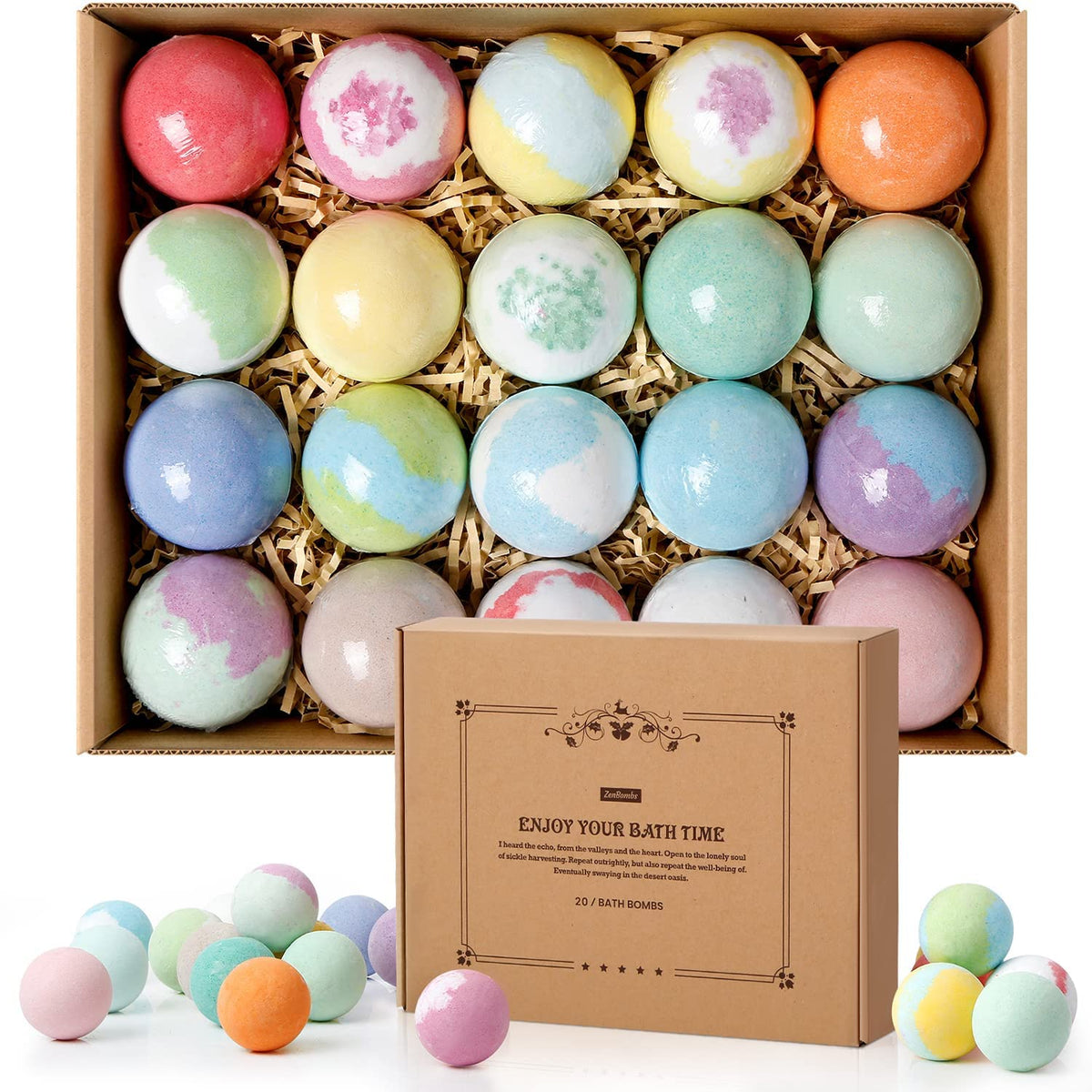ZenBombs bath bombs set with twenty colorful varieties for a luxurious soak
