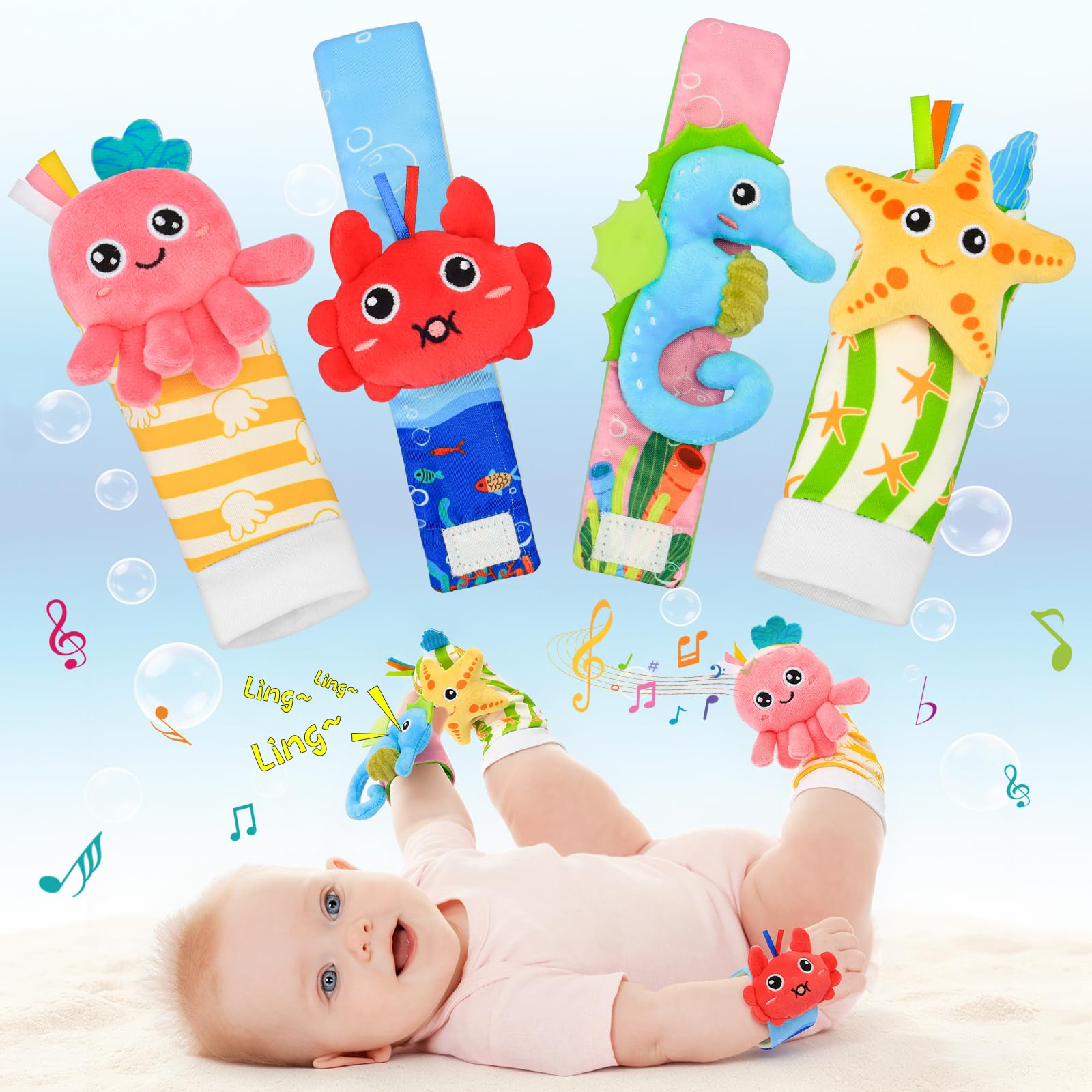 Zendstanding baby wrist rattle set supports early visual tracking with bright colors.