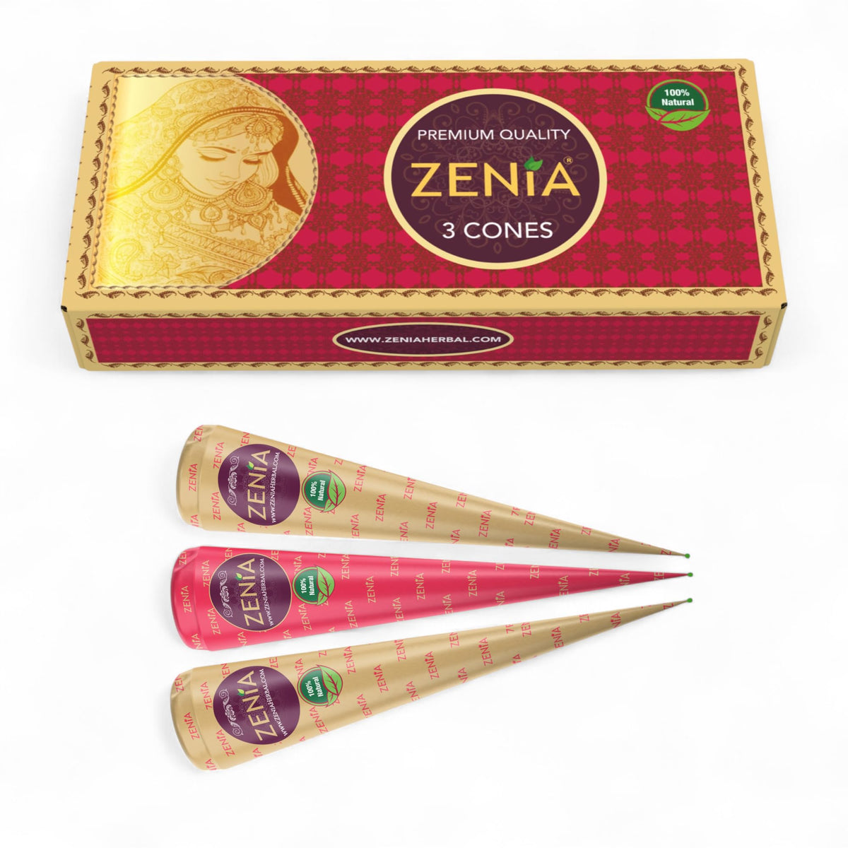 Zenia henna cone pack3 25g dark reddish-brown application for natural color depth