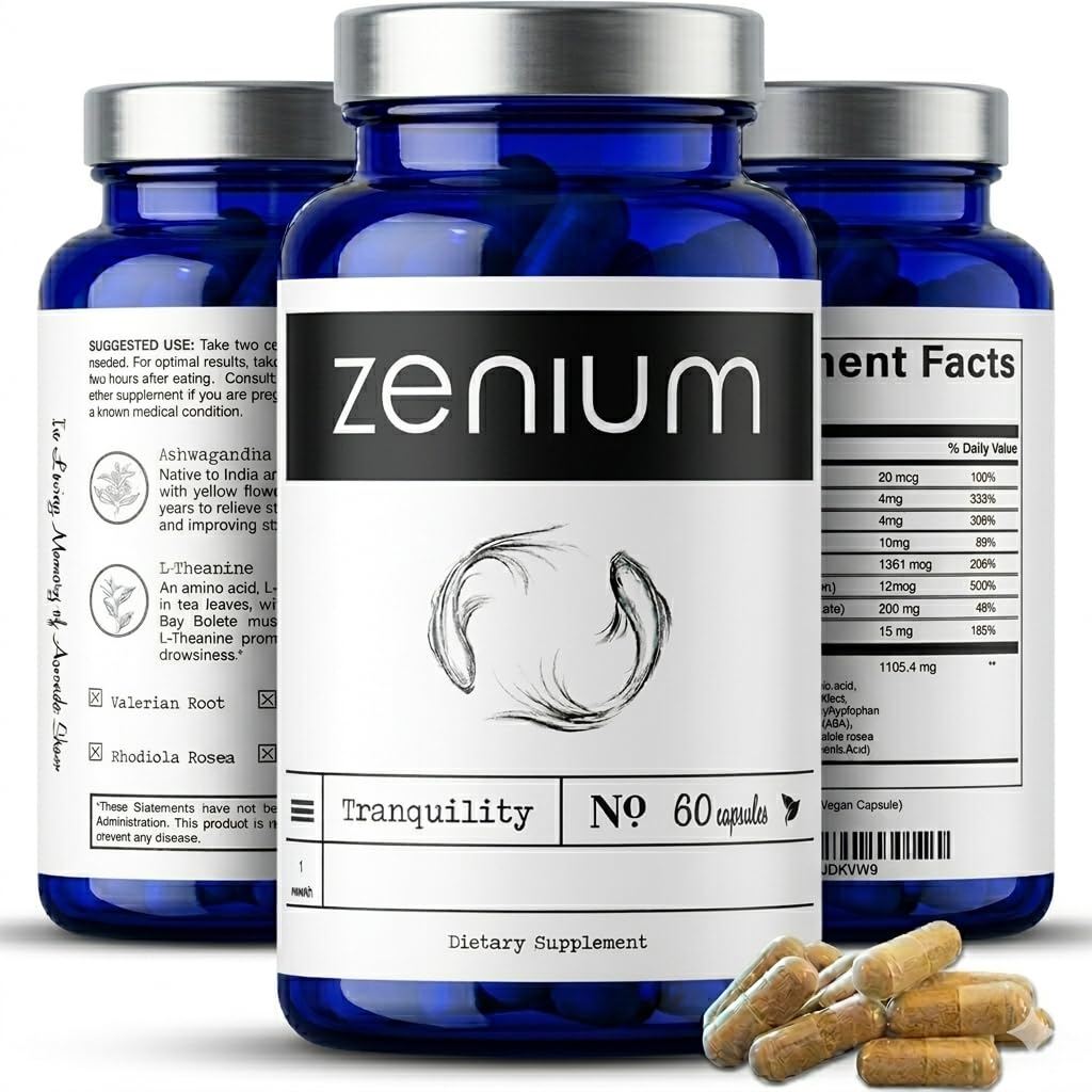 Zenium stress-relief bottle highlights a plant-based formula for calmer thoughts.