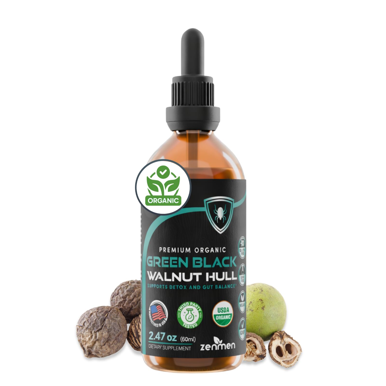 Zenmen Green Black Walnut Hull Tincture bottle with pour spout for daily wellness.