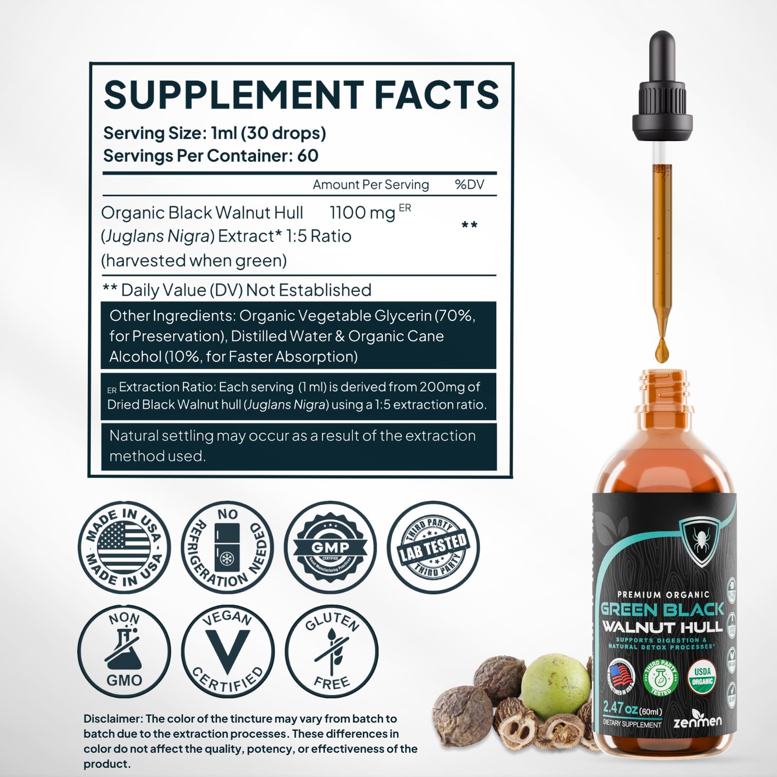 Zenmen Green Black Walnut Hull Tincture label closeup with organic seal.