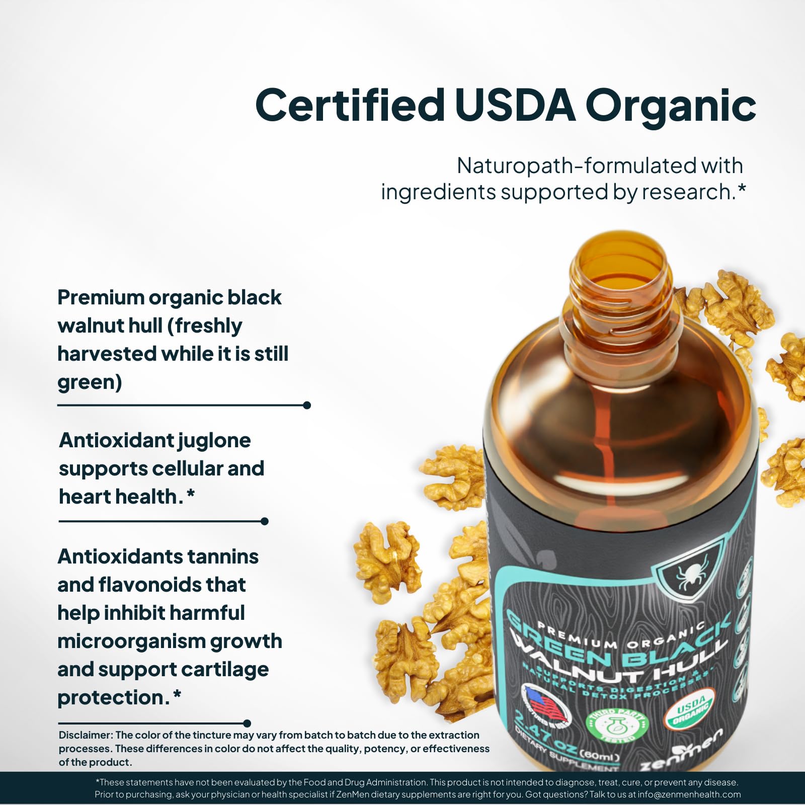 Zenmen ingredients organic label emphasizes organic walnut hulls within the tincture.