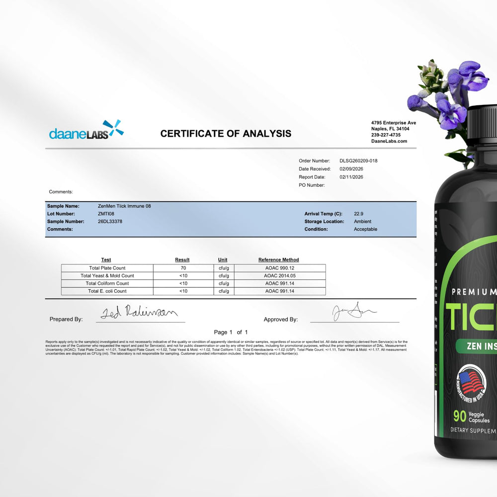 Lifestyle scene featuring outdoor adventurer with Zenmen Tick Immune Support