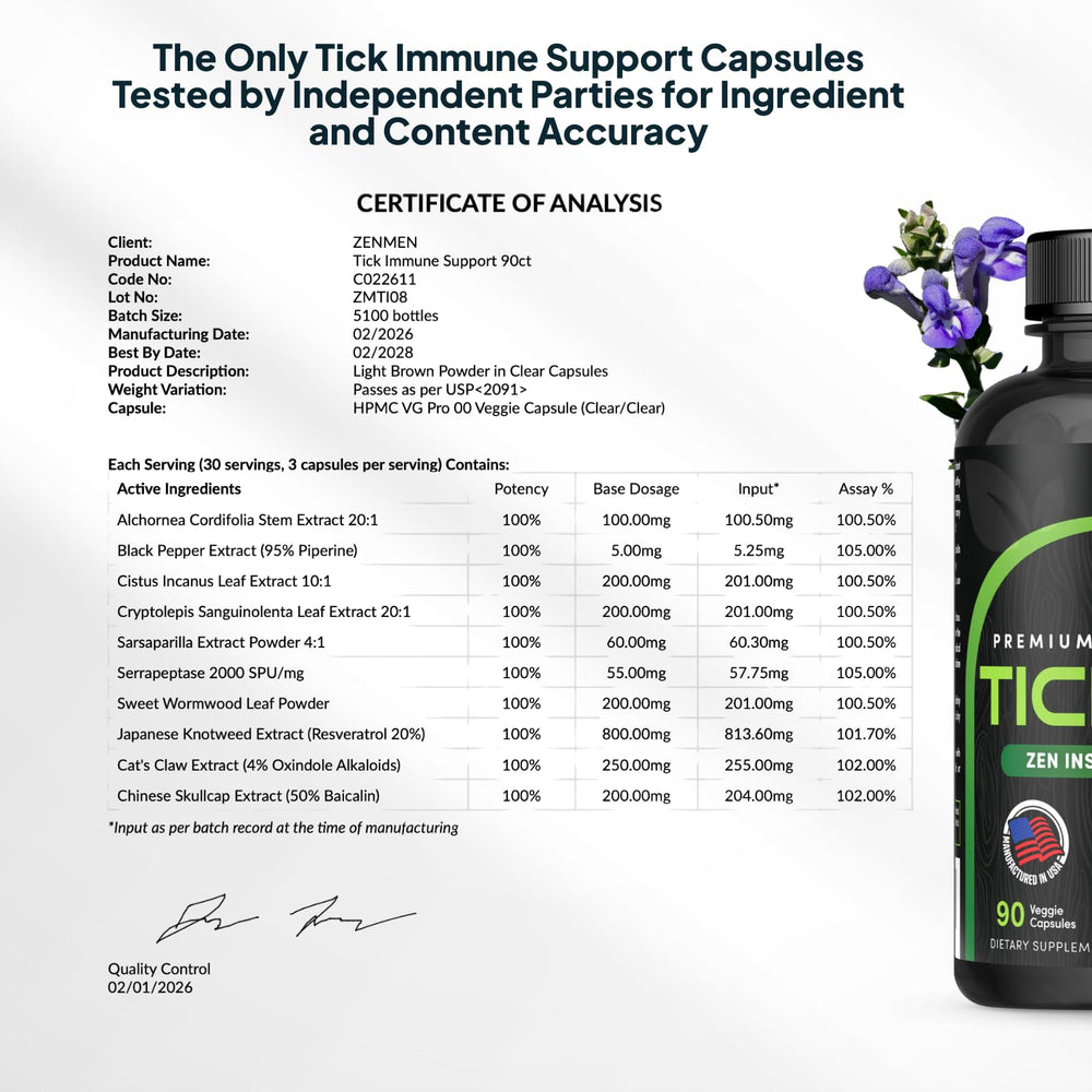 Outdoor setting with Zenmen Tick Immune Support bottle prepared for travel